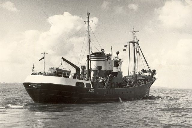 Archive black and white photograph of the Arctic Corsair ship at sea.