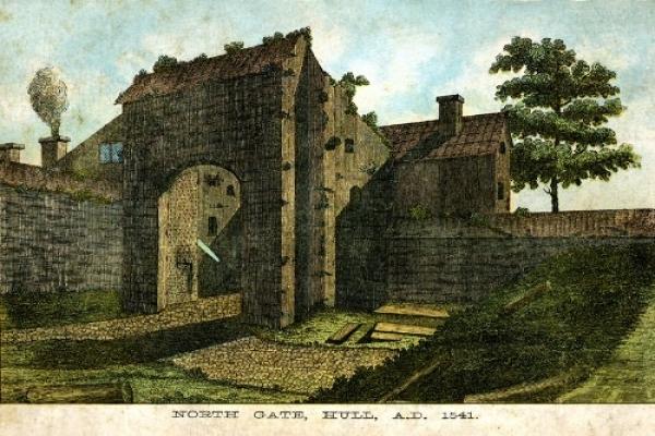 A colour drawing of a brick archway and wall.