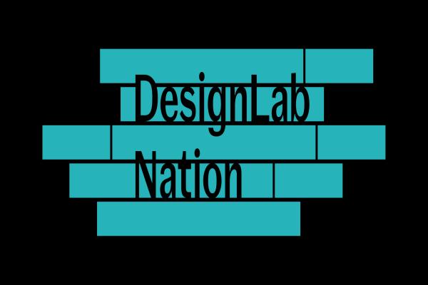 The text Design Lab Nation on a blue stripy background