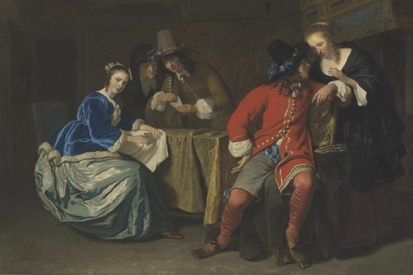 A painting of two women and two men sat on chairs talking to each other.