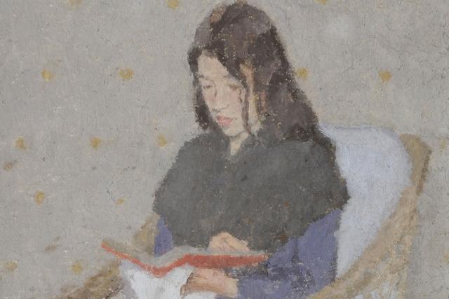 A painting of a woman reading a red book