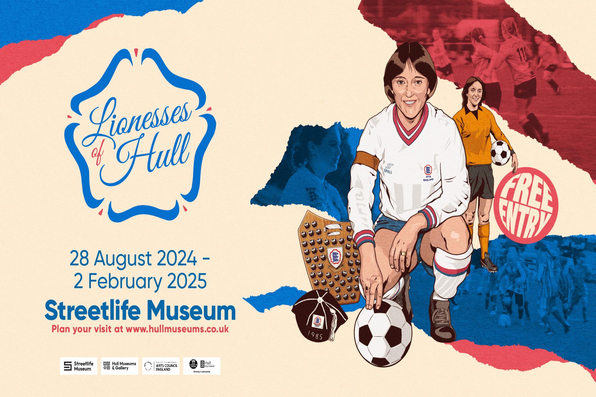 Lionesses banner poster with information about the exhibition. There is an image of Carol Thomas in an illustrated style