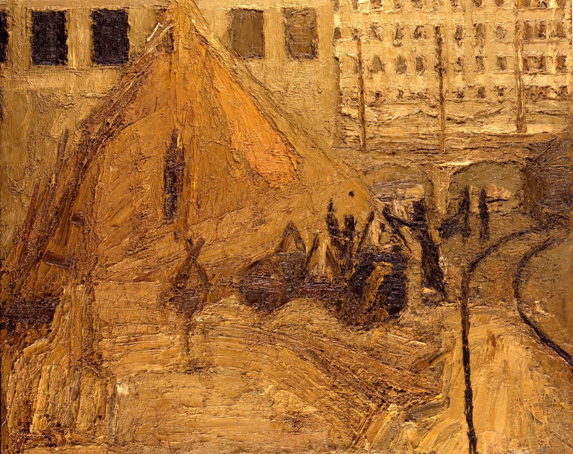 A modern gold and yellow painting with figures in it.