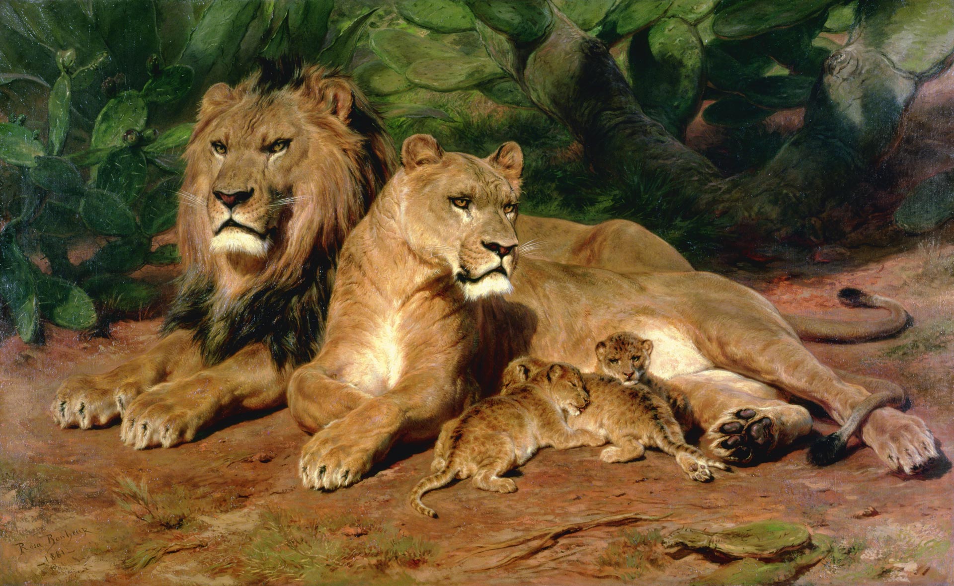 A painting of a pride of lions. There are two adults and three cubs.