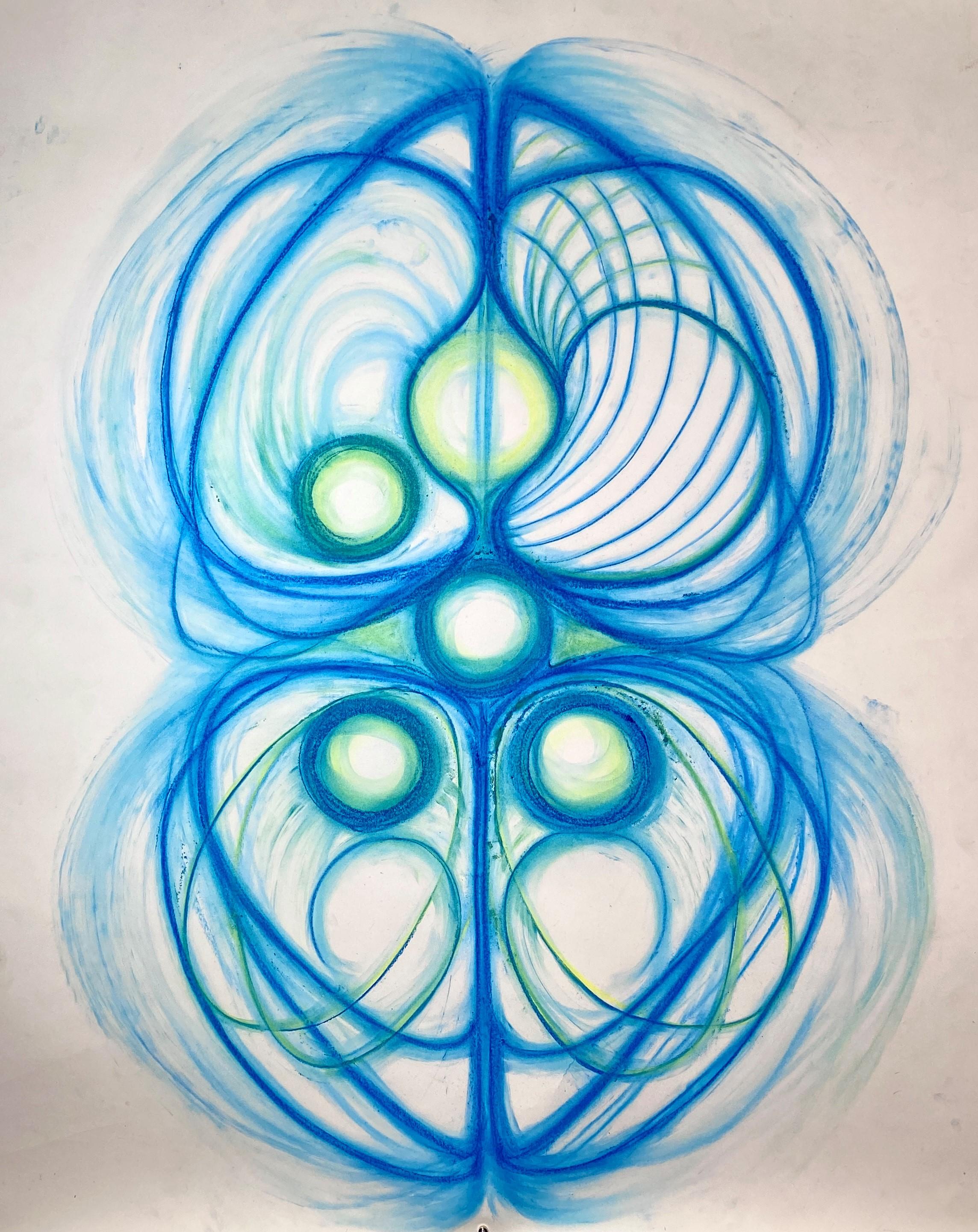 An artwork made from swirl patterns of blue, green and yellow.
