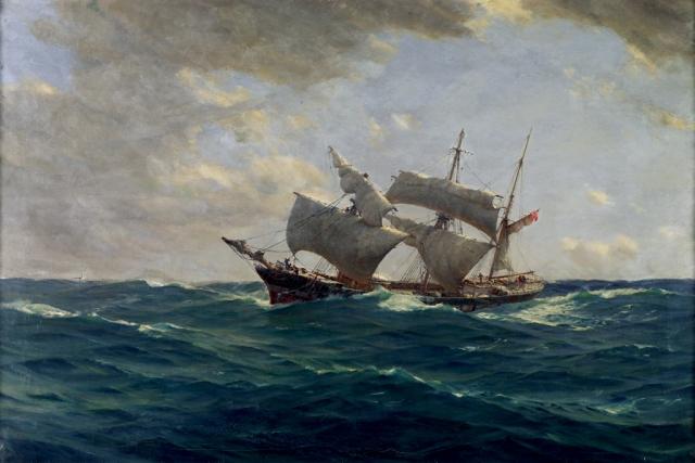 A large sailing ship on a blue sea