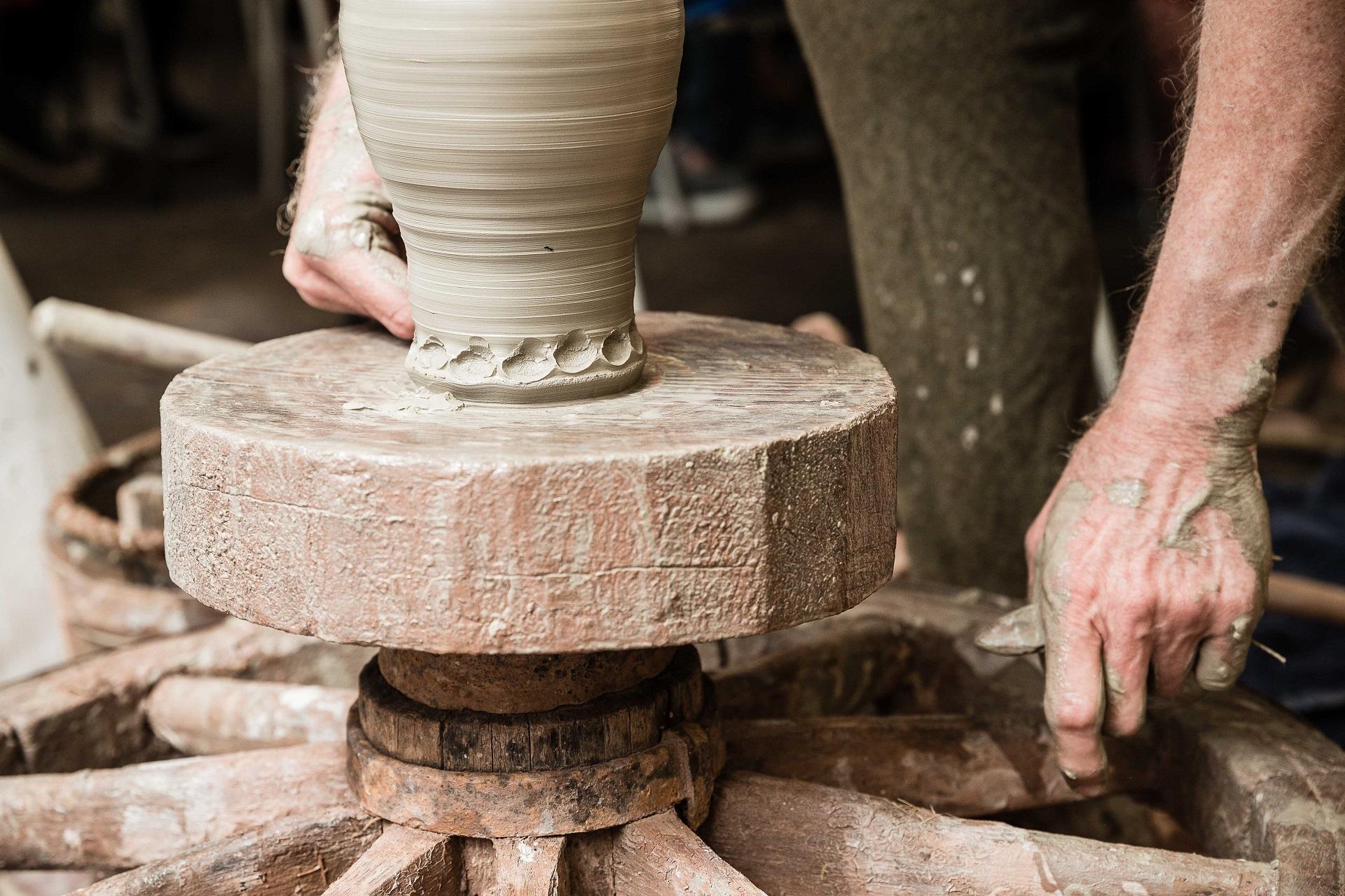 A pot on a potter's wheel.