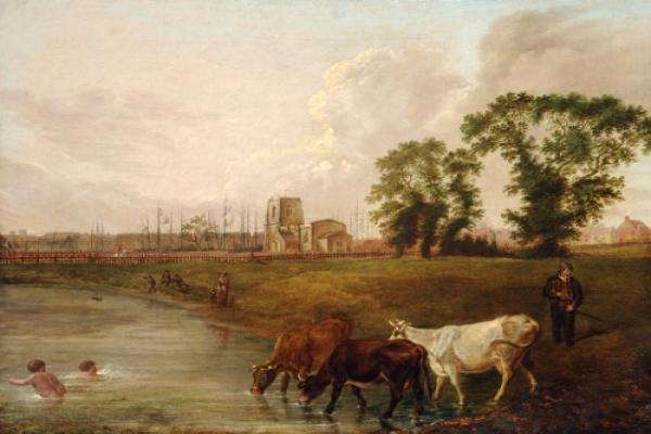 A painting of a countryside scene with a river and two horses
