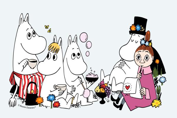 Drawing of Moomin characters all sat together