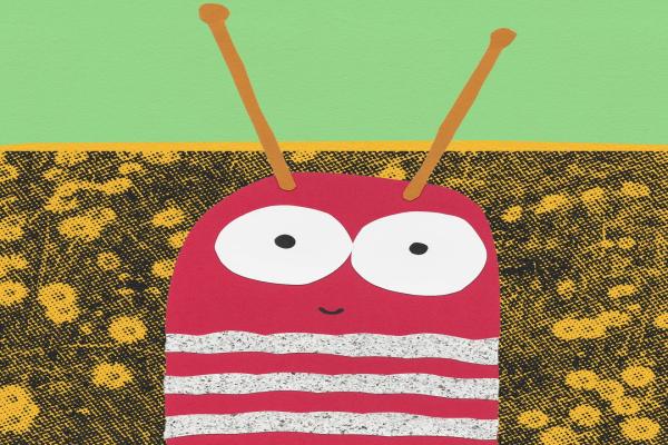 A caterpillar made out of paper collage. It is red, has big round eyes and there is a background made of flowers.