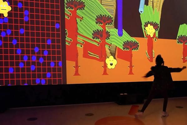 A persons silhouette dancing in front of brightly lit and colourful screen.