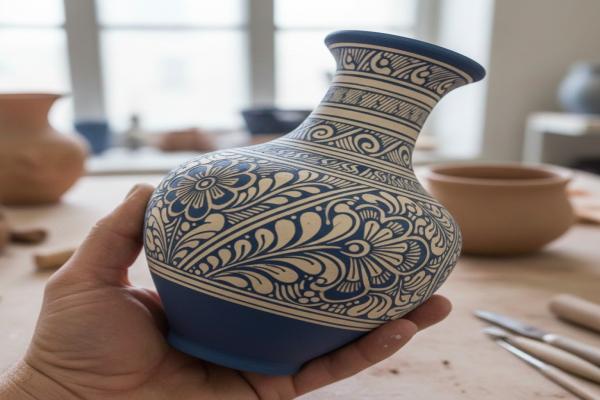 A photo of someone holding a handmade pottery vase. It is blue with white pattern detailing