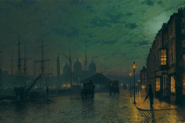 A painting of a moonlit street alongside a dock with boats in it.
