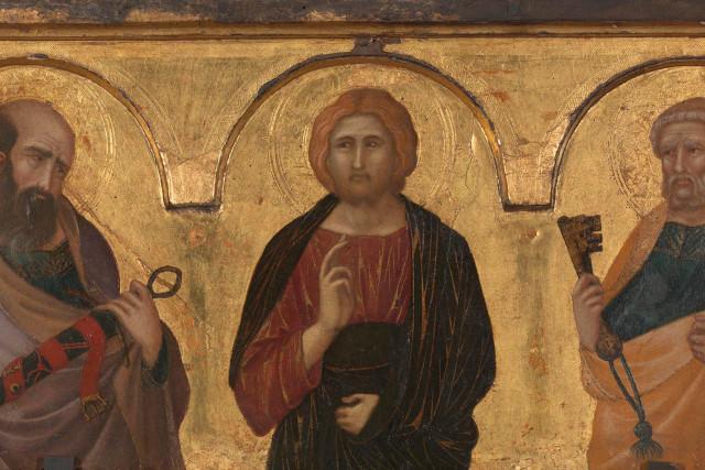 A painting of three people on a gold background