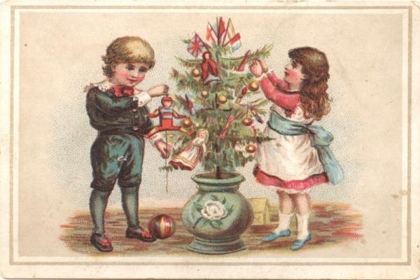 Drawing of two children with a Christmas tree